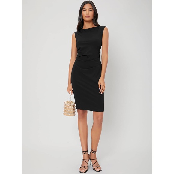 TANK SLEEVE FITTED GATHERED BODYCON DRESS BUSINESS CASUAL MINIMALIST blue - Picture 4 of 12